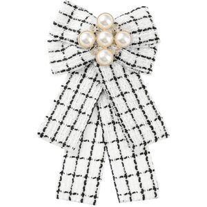 Ribbon Brooch Bow Tie Pin Fashion Beads Pre-Tied Plaid Pattern Bowknot White